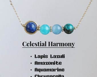 Colar de cristal Harmonia Celestial, lápis-lazúli-amazonita-água-marinha-crisocolla, cristal com contas de 6-7 mm, presente para melhor amigo, corrente de ouro 14K