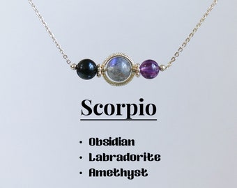 Scorpio Crystal Necklace, Obsidian-Labradorite-Amethyst, Zodiac Crystal bar Protection necklace,5-6mm beaded crystal, Healing crystal gift