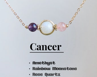 Cancer Crystal Necklace, Amethyst-Rainbow Moonstone-Rose quartz , Zodiac necklace,6-7mm beaded crystal, Healing crystal, Protection necklace