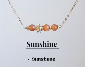 Colar de barra de pedra do sol natural, colar do sol, cristal com contas de 6 mm, joias do sol, presente de cristal curativo para ela, corrente cheia de ouro 14k, prata 925