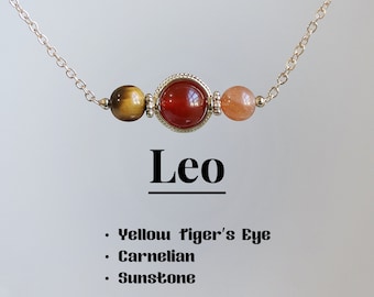 Leo Crystal Necklace, Yellow tiger eye-Carnelian-Sunstone , Zodiac necklace,6-7 mm beaded crystal, Healing crystal, Protection necklace