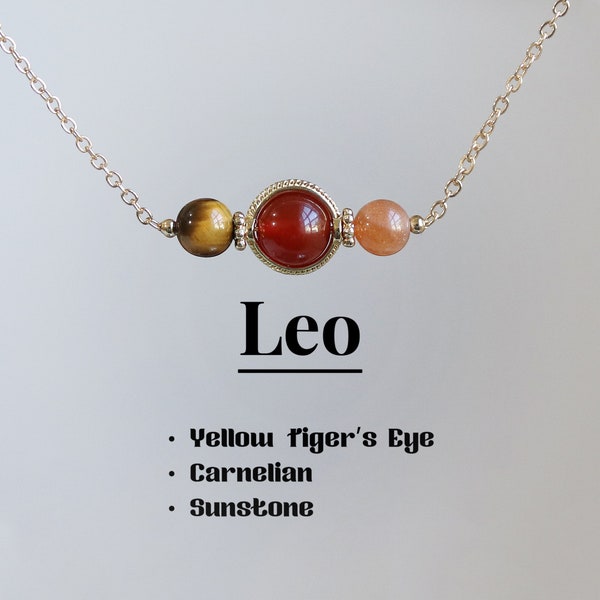 Leo Crystal Necklace, Yellow tiger eye-Carnelian-Sunstone , Zodiac necklace,6-7 mm beaded crystal, Healing crystal, Protection necklace