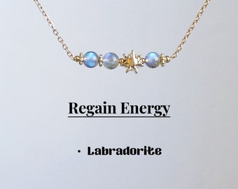 Colar de barra de labradorita natural, colar de sol, cristal de contas de 6 mm, joias de sol, presente de cristal curativo para ela, corrente cheia de ouro 14k