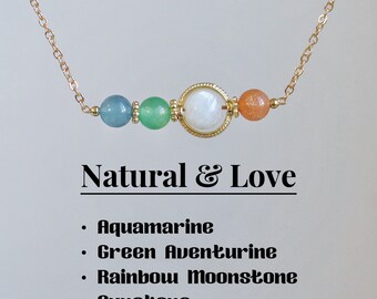 Colar de proteção de cristal, água-marinha-verde aventurina-moonstone-sunstone-6-7mm cristal frisado, presente para o melhor amigo, corrente cheia de ouro 14k