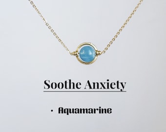 Colar de água-marinha natural, cristal de contas de 6-7mm, colar de cristal de cura, joias de oceano, presente para melhor amigo, corrente cheia de ouro 14k