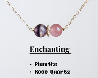 Colar de proteção de cristal, quartzo fluorita-rosa, cristal com contas de 6-7 mm, colar de cristal de cura, presente para melhor amigo, corrente cheia de ouro 14k