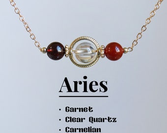 Collar de cristal Aries, cuarzo granate-claro-cornalina, collar de protección de barra de cristal del zodíaco, cristal con cuentas de 5-6 mm, regalo de cristal curativo