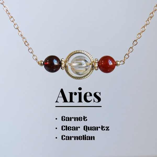 Aries Crystal Necklace, Garnet-Clear quartz-Carnelian, Zodiac Crystal bar Protection necklace,5-6mm beaded crystal, Healing crystal gift