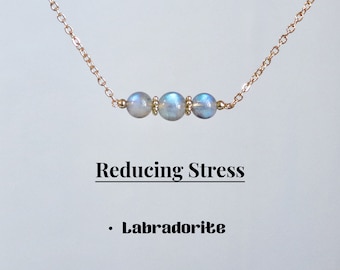 Colar delicado de labradorita, colar de barra de cristal, cristal com contas de 6 mm, joias feitas à mão, cristal de cura, presente para ela, colar de pedras preciosas