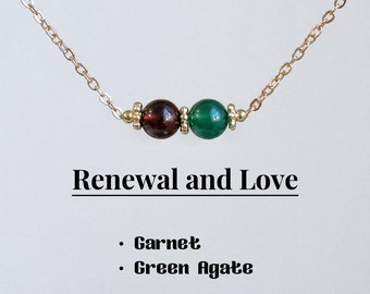 Garnet and green agate necklace,6mm beaded crystal, Healing Crystal necklace, gemstone necklace,14k gold filled chain,925 silver necklace