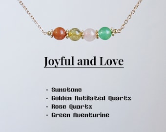 Colar alegre e amoroso, pedra-do-sol-quartzo rutilado dourado-quartzo rosa-verde aventurina, cristal com contas de 6-7 mm, presente de cura para ela