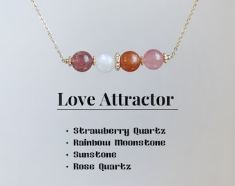 Delicado colar de cristal de amor, quartzo morango - pedra da lua arco-íris - pedra do sol - quartzo rosa, cristal com contas de 6-7 mm, presente de cura para ela, ouro 14k