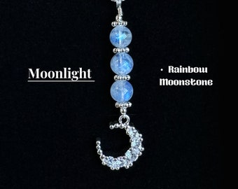 Colar de pedra da lua natural, colar da lua, cristal de contas de 6 mm, colar crescente, colar de barra vertical de cristal, corrente cheia de ouro 14k
