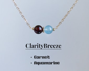 Colar de granada natural e água-marinha, colar de proteção de cristal com cercadura de 6-7 mm, colar de cristal de cura, presente para o melhor amigo, corrente de ouro 14k
