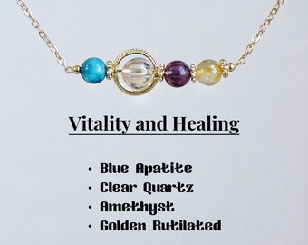 Colar de proteção de cristal, apatita azul - quartzo transparente-ametista-dourado rutilado, cristal com contas de 6-7 mm, presente de cristal de cura para ela