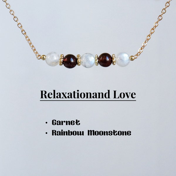 Rainbow Moonstone Protection necklace, Moonstone-Garnet,5-6mm beaded crystal, Love Healing crystal Gift for her, 925Silver necklace,14k gold