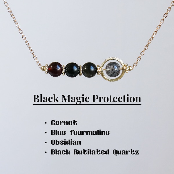Black Magic Protection necklace, Garnet-Black Tourmaline-Obsidian-Black Rutilated Quartz, 6-7 mm beaded crystal,Healing crystal Gift for her