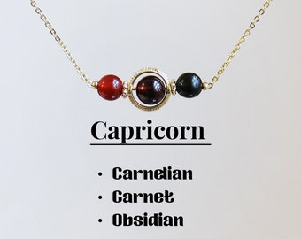 Capricorn Crystal Necklace,Carnelian-Garnet-Obsidian,Zodiac Crystal bar Protection necklace,5-6mm beaded crystal,Healing crystal gift