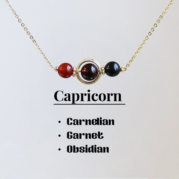 Capricorn Crystal Necklace,Carnelian-Garnet-Obsidian,Zodiac Crystal bar Protection necklace,5-6mm beaded crystal,Healing crystal gift