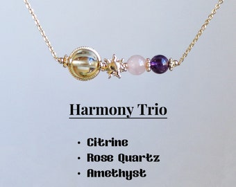Natural crystal necklace, Sun necklace, Citrine-Rose Quartz-Amethyst,6mm beaded crystal, Healing crystal Gift for her, 14k gold filled chain