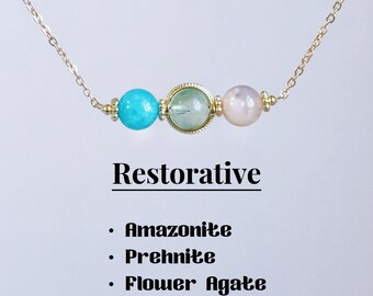 Colar de proteção de cristal, ágata amazonita-prehnita-flor, cristal com cercadura de 6-7mmmm, colar de cristal curativo, presente para melhor amigo, ouro 14k