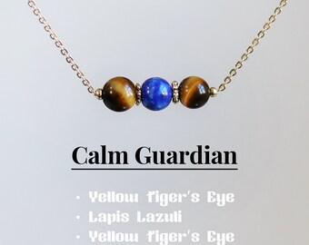 Colar de proteção de pedras preciosas, olho de tigre-lápis-lazúli, pedra preciosa com contas de 6-7 mm, presente de ctystal de cura para ela, corrente cheia de ouro 14k, prata 925