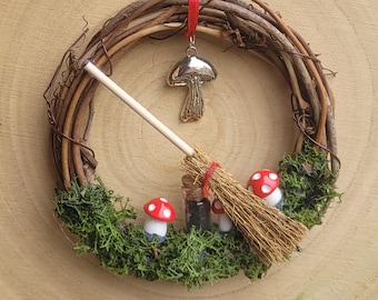 Mabon Mini Wreaths for Protection with Broomstick, Black salt spell jar & Toadstools - Perfect gift for Autumn Equinox,  Witches and Pagans.