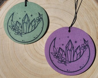 Moon and Crystal Car Air Freshener, made with Essential Oils, Lavender, Vanilla or unscented, gift for Witch or Pagan