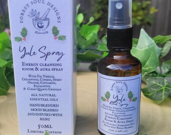 Yule Winter Solstice Cleansing Room and Aura Spray, with Moon blessed water, Essential Oils, Clear Quartz Crystals and Reiki infused.