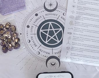 Amethyst Witches Runes – Psychic & Spiritual Divination Set, Crystal Runes with Cloth, Tin and Interpretation Guide