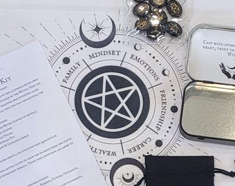 Obsidian Witches Runes – Crystal Divination Set with Casting Cloth, Tin & Guide, Witchcraft Tool