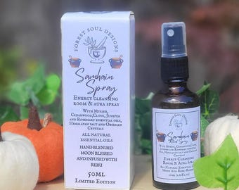 Samhain Sabbat Cleansing Room and Aura Spray, with Moon blessed water, Essential Oils, Black Obsidian Crystals and Reiki infused, Halloween.