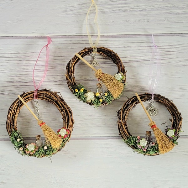 Ostara Spring Mini Wreaths with crystals, broomstick and flowers, Perfect gift for a Witch or Pagan, Equinox Spell Bottle Decoration