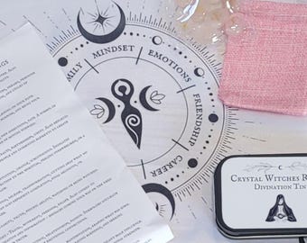 Rose Quartz Witches Rune Set - Crystal Divination for Love & Intuition with Cloth, Tin, Instruction Guide. Perfect gift for a witch or pagan