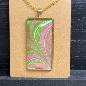Marbled Paper Necklace Glass Rectangle Pendant 21 Chain Silver R-007