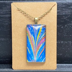 Marbled Paper Necklace Glass Rectangle Pendant 21 Chain Silver R-009
