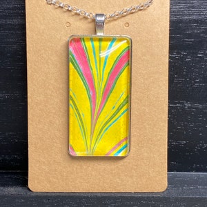 Marbled Paper Necklace Glass Rectangle Pendant 21 Chain Silver R002