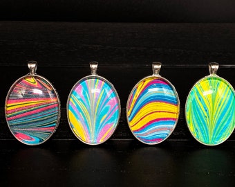 Marbled Paper Necklace - Glass Oval Pendant - 28” Chain