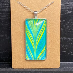 Marbled Paper Necklace Glass Rectangle Pendant 21 Chain Silver Roo4