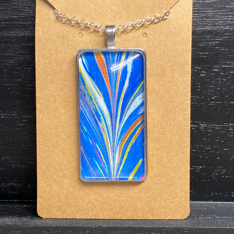Marbled Paper Necklace Glass Rectangle Pendant 21 Chain Silver R003