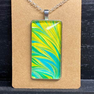 Marbled Paper Necklace Glass Rectangle Pendant 21 Chain Silver R001