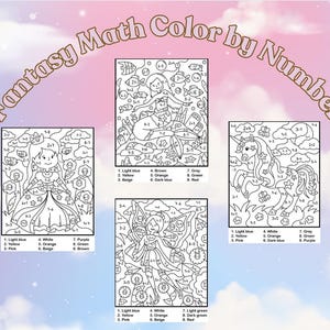 May include: A set of three printable coloring pages featuring fantasy characters. Each page has a different character: a princess, a fairy, and a unicorn. The pages are designed for children to color by number, with a color key provided for each page.