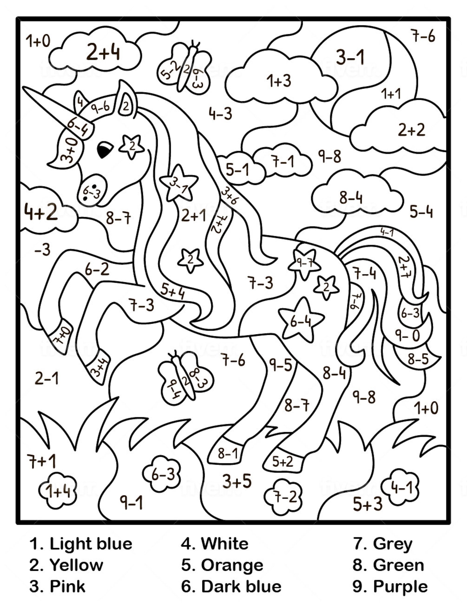 Children's Color by Number Printable Fantasy Princess, Unicorn PDF