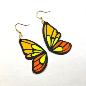 orange butterfly earrings dangle, yellow butterfly wing earrings gold, butterfly gifts for teenage girls, nature lover gift, nickel free