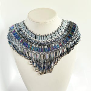 Egyptian Collar Necklace: Beaded Cleopatra Bib, Ombre Grey & Blue