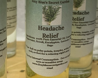 Headache Relief Natural Essential Oil Roll On- Peppermint, Eucalyptus, Menthol, Clary Sage 10 ml.
