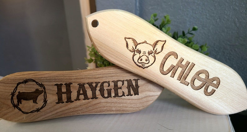 May include: Two wooden pig-themed brushes. One is light-colored with a pig face and the name "Chloe". The other is darker, with a pig silhouette in a barbed wire circle and the name "Haygen".