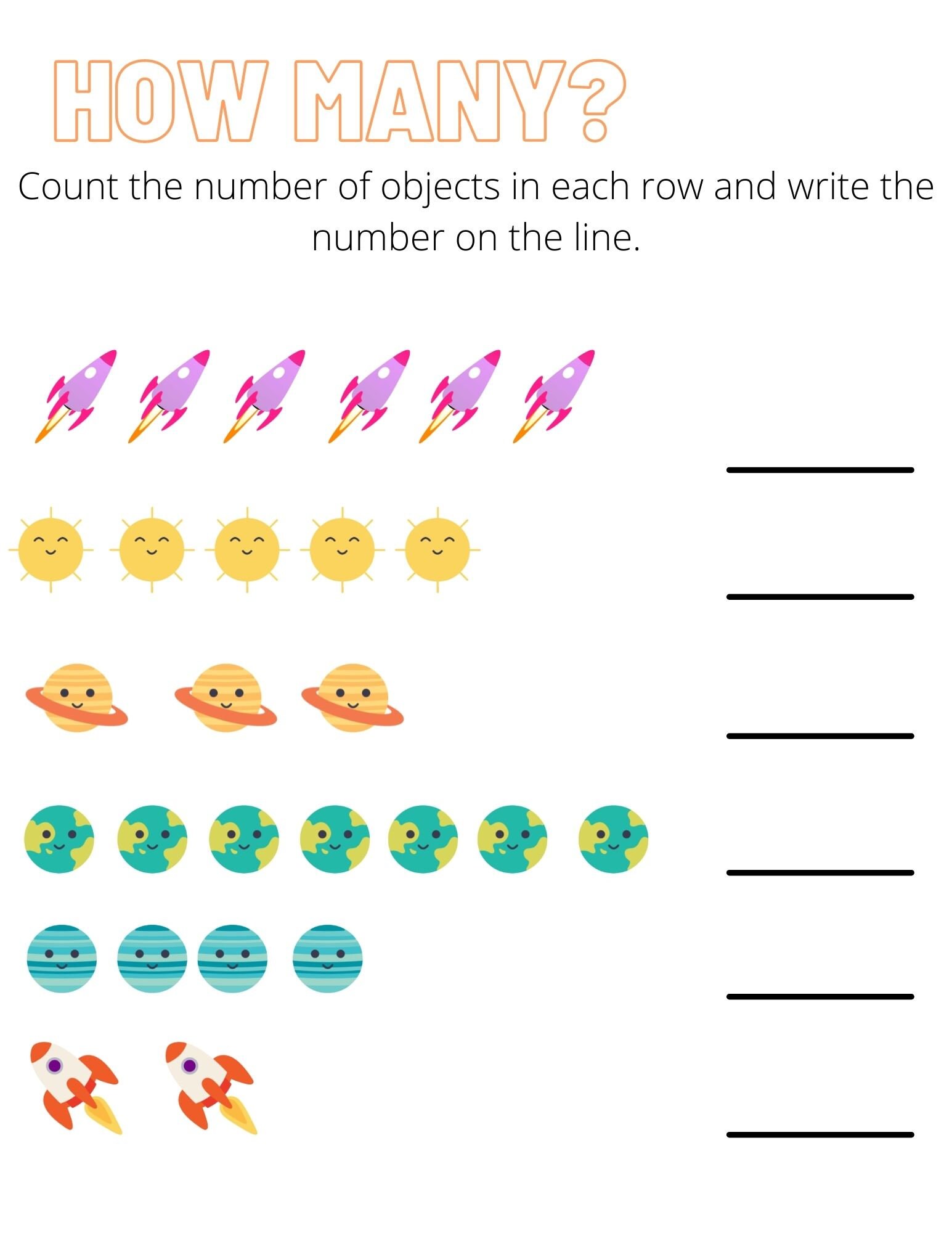 Beginner Counting Worksheet space theme Etsy