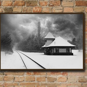Vintage Train Station in Snow | Railroad Decor | Railroad | Railroad Art | Train Wall Art | Railroad Print | Train Tracks | Winter Scene