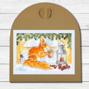 A6 Kunst-Postkarte - "Eichhörnchen im Winter" (Dezember 2023)